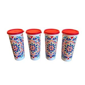 4 Tupperware Costa Del Sol Tumblers 16oz With 4 Red Seals Lids 8 Piece Set EUC